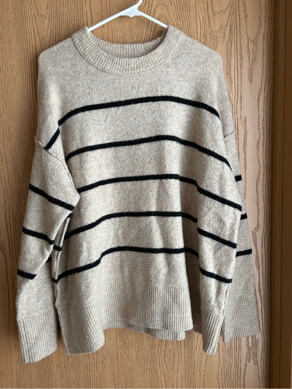 aerie Cream and Black Striped Crewneck Sweater